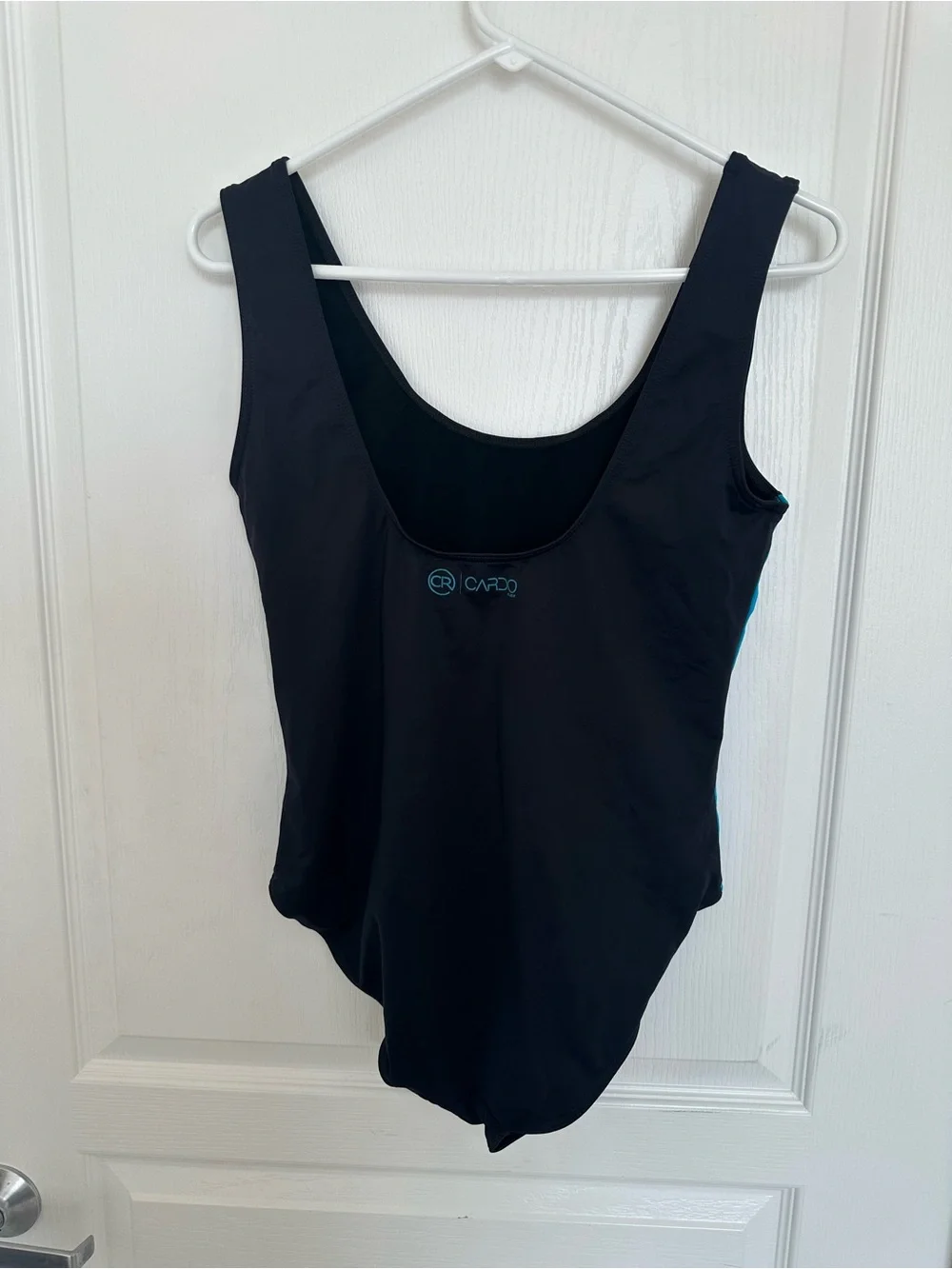 Women’s Black One-Piece Swimsuit with Blue Side Panels Size 10